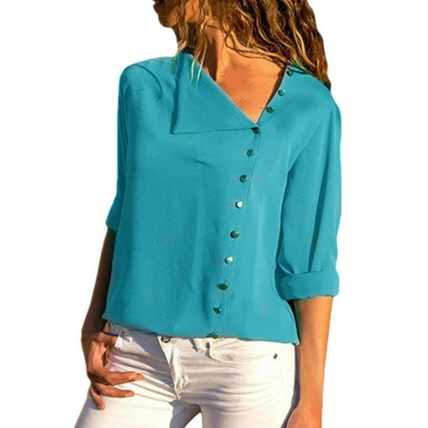 Fashion Tops for Women Button Roll up Sleeve Long Sleeve Shirts Casual V-Neck Hem Irregular Loose Tunic Blouses
